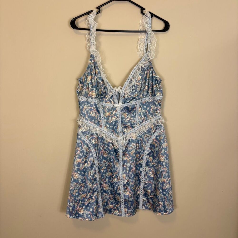 For Love & Lemons Women's Emiliana Slip Dress Blue Lace Trim Size XL